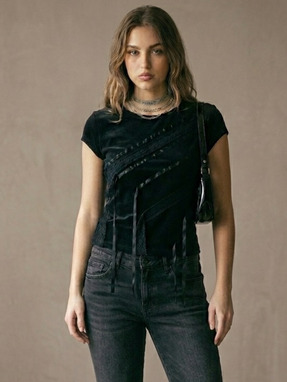 Vintage 90s Gothic Black Lace Velvet Ribbon Y2K Top Fits Size Small - Picture 9 of 11